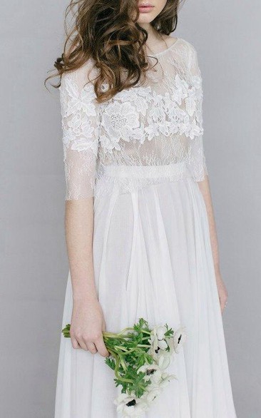 Scoop-neck Lace Half Sleeve Chiffon Long Dress With Appliques