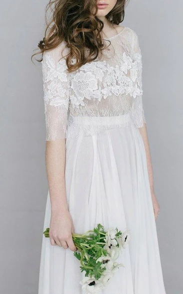 Scoop-neck Lace Half Sleeve Chiffon Long Dress With Appliques