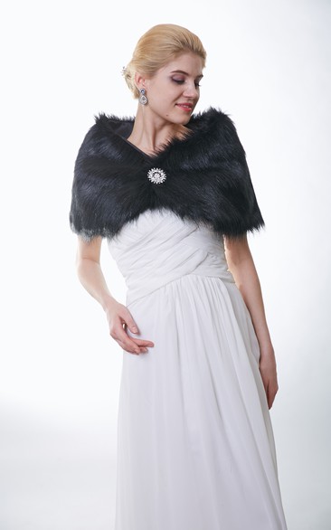 All Black Faux Fur Bridal Wrap With Crystal Brooch