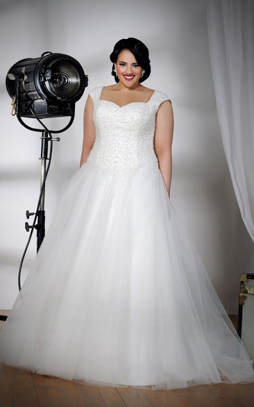 Cap-sleeve Beaded Tulle A-line Ball Gown With Corset Back
