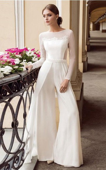 Ethereal Boat Neck Long Sleeve Empire Waist Chiffon Wedding Pantsuit with Sash and Draping