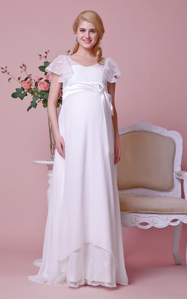 A-Line Lace Bodice Scoop-Neckline Cap-Sleeved Chiffon Gown