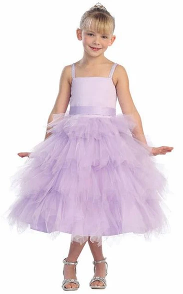 Jeweled Satin Spaghetti 3-4-Length Tulle Flower Girl Dress