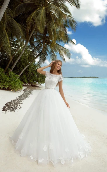 Bateau-Neckline Jewel Tulle Floor-Length A-Line Long-Sleeve Dress