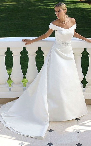 Off-the-shoulder Satin A-line Wedding Dress With Embellished Waist