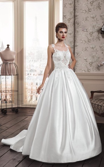 Scoop-neck Sleeveless A-line Satin Wedding Dress With Appliques And Illusion