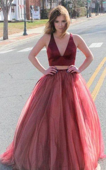 Modern Sweep Train Sleeveless Zipper Tulle Two Piece Formal Dress with Bow