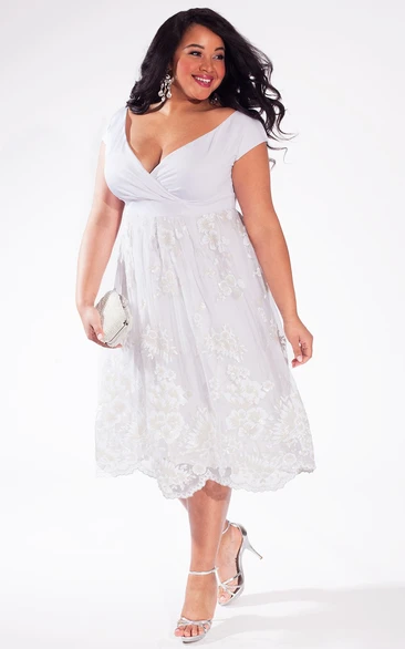 Plunged Cap-sleeve Empire Tea-length plus size wedding dress With Appliques