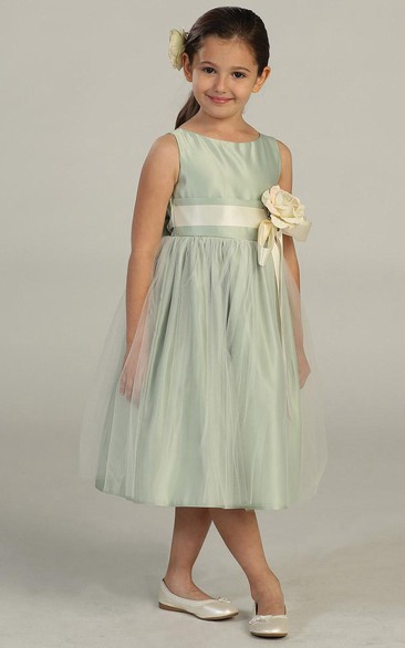 Tulle Layered 3-4-Length Satin Flower Girl Dress