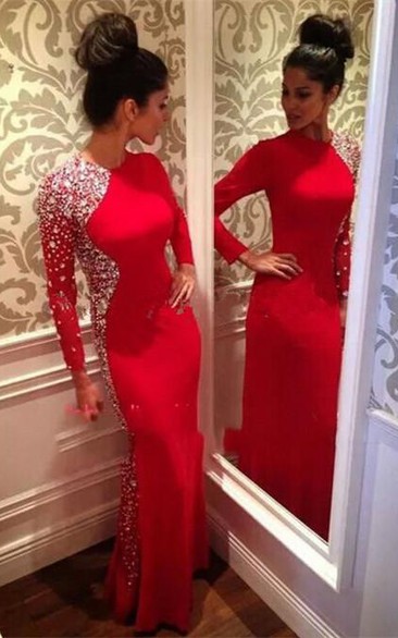 Glamorous Crystals Mermaid Jewel Evening Dress Red Long Sleeve