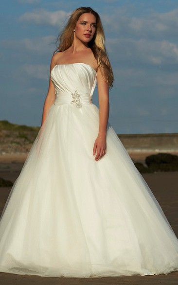 Strapless Tulle Satin Ruched A-line Ball Gown 