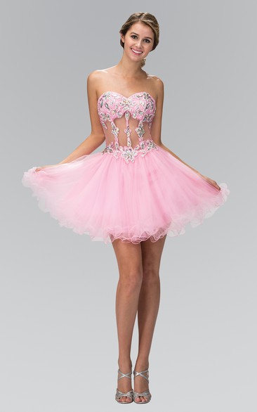 A-Line Short Sweetheart Sleeveless Tulle Illusion Dress With Beading And Ruffles