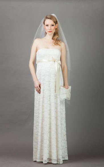 Strapless Lace Empire maternity Wedding Dress With bow And Pleats