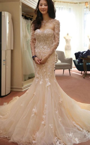 Sweetheart Lace Tulle Illusion Long Sleeve Wedding Gown