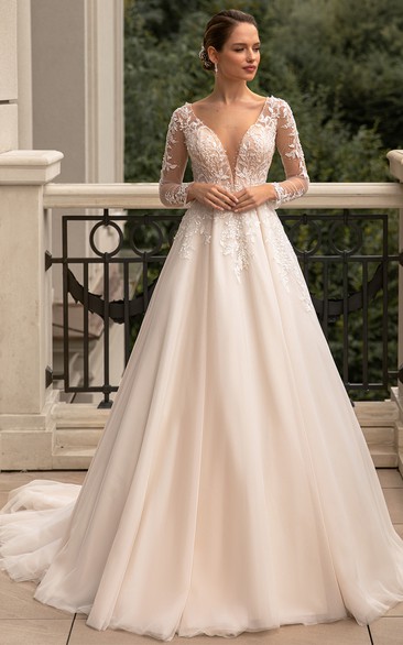 A Line High-end Plunging Neckline Tulle Wedding Dress with Beading and Train