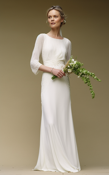 Scoop-neck 3-4-sleeve Casual Sheath Summer Applique Wedding Dress