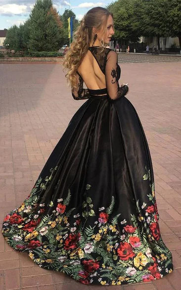 Two Piece Black Floral Embroidery Long Sleeve Party Prom Dress