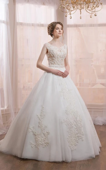 Scoop-neck Sleeveless Tulle Ball Gown With Appliques And Illusion back