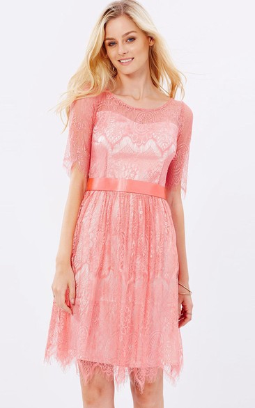 Scoop-neck Lace Short Sleeve Knee-length Dress With Pleats