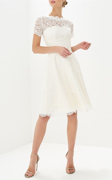 Short Sleeved Simple A Line Jewel Neck Lace Bridal Gown