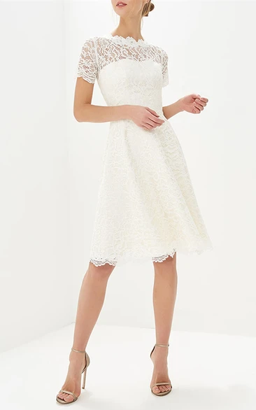 Short Sleeved Simple A Line Jewel Neck Lace Bridal Gown