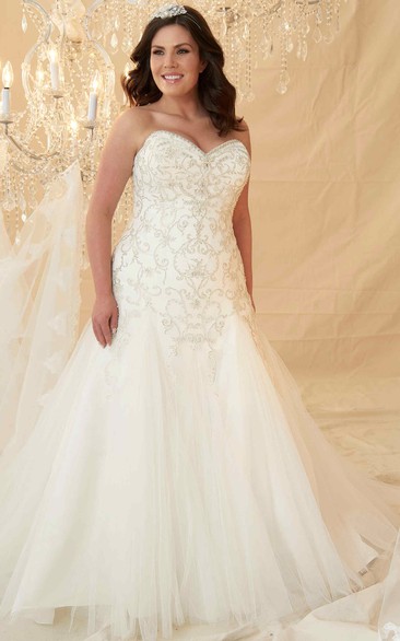 Sweetheart A-line Ball Gown Tulle plus size Wedding Dress With Beading And Corset Back