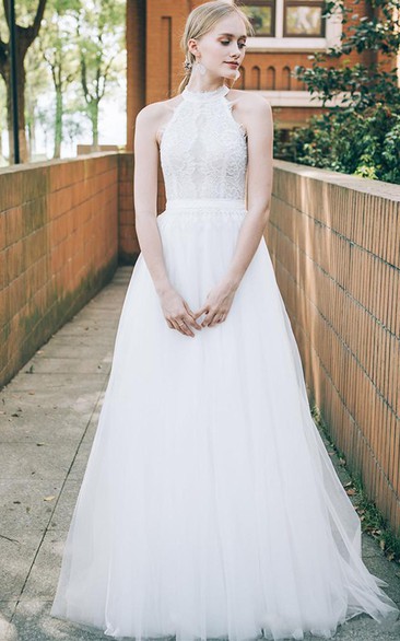 Halter Lace Tulle Sleeveless Floor-length Zipper A Line Wedding Dress