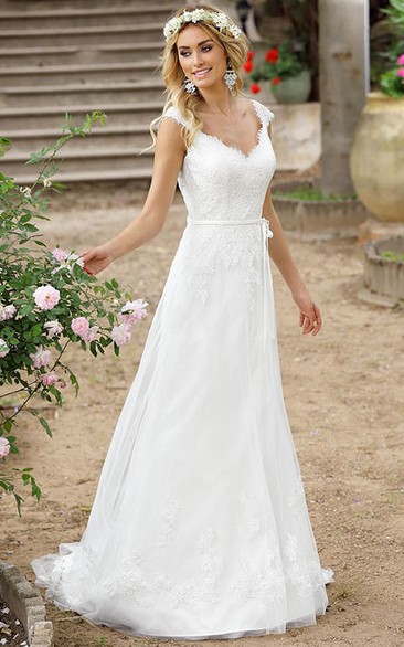 V-neck cap A-line Lace Wedding Dress With Court Train And Illusion back