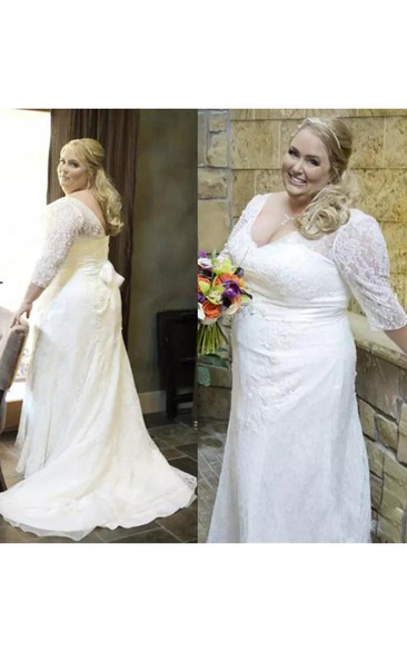 Elegant V Neck 3-4 Long Sleeves Lace Up Back Sash Plus Size Lace Wedding Dress