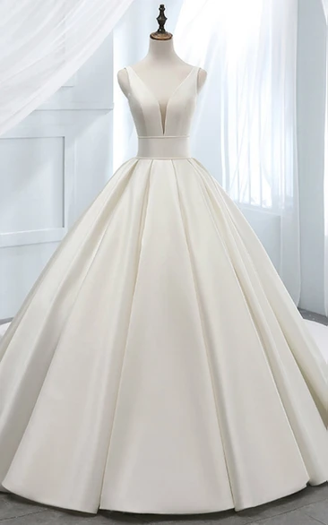 Plunged Satin A-line Ball Gown Corset Back Princess Wedding Dress