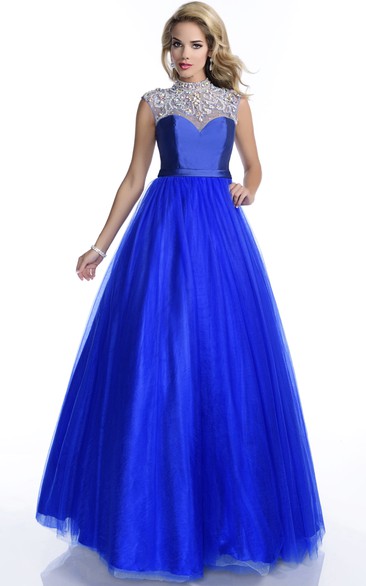 Sophisticated Rhinestones Appliqued A-Line Cap-Sleeve Tulle High-Neck Formal Dress