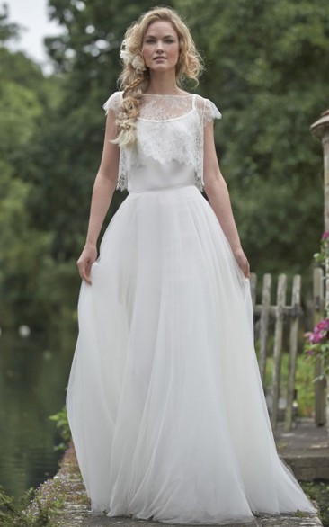 rustic Bateau Cap-sleeve Tulle Lace Wedding Dress With Illusion