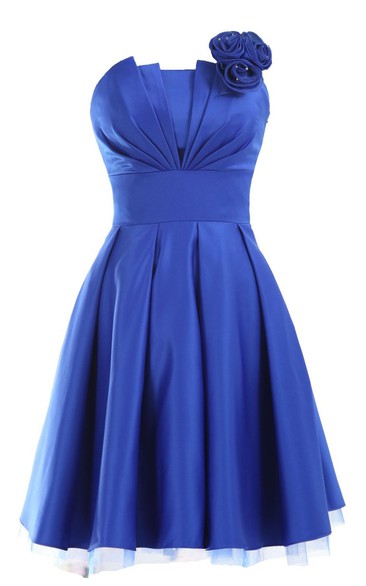 Ruched-Top Pleated Appliqued Strapless Satin Short Gown
