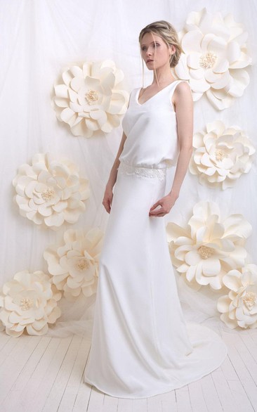 simple V-neck Sleeveless Sheath Wedding Dress With Jeweled Waist And Deep-V Back