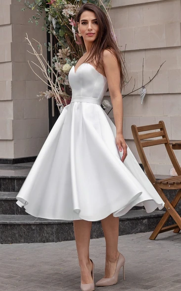 Sweetheart Satin A-line Tea Length Short Wedding Dress with Corset Back