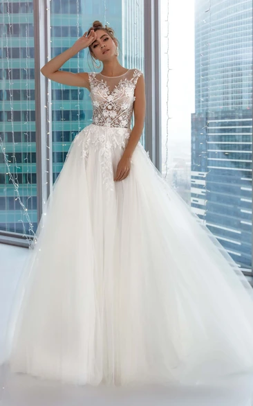 Cap Illusion A-line Ball Gown Applique Prom Dress with Sweep Train