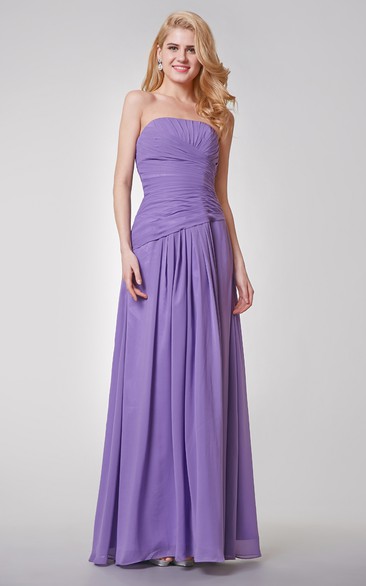 Strapless A-line Long Pleated Chiffon Dress With Ruched Waist