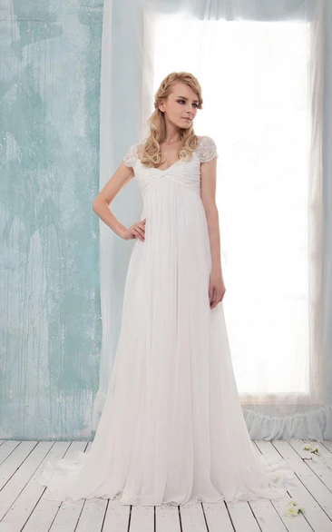 Floor-Length Ruched Pleats Cap V-Neckline Wedding Dress