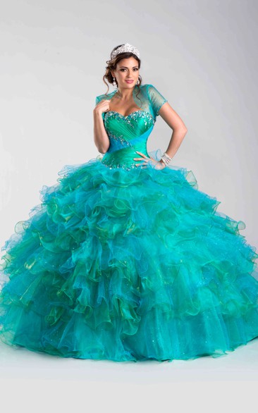 Cap-sleeve Ruffled Ball Gown With Beading And Criss cross 