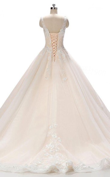 Bateau Sleeveless A-line Ball Gown With floral Appliques And Corset ...