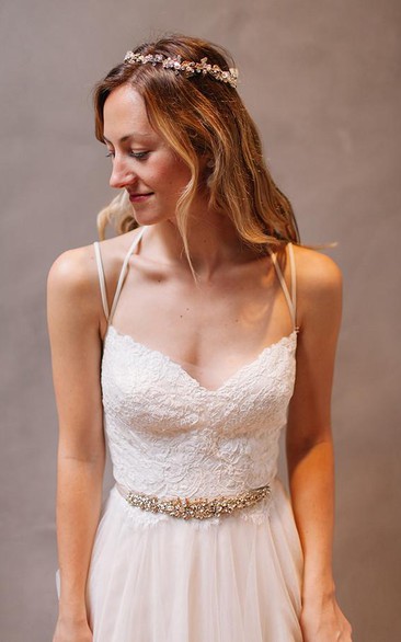 Spaghetti Lace Tulle  Sleeveless Wedding Gown