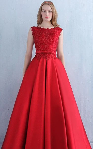 Bateau Sleeveless Satin A-line Dress With Lace top And Corset Back