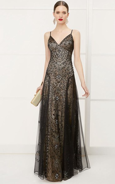 refined Spaghetti Sleeveless Tulle Lace Dress With Crystal Detailing