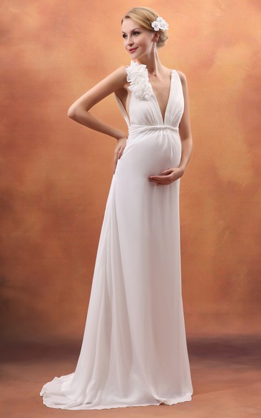Backless Floral High-Waist V-Neckline Pregnant Dress