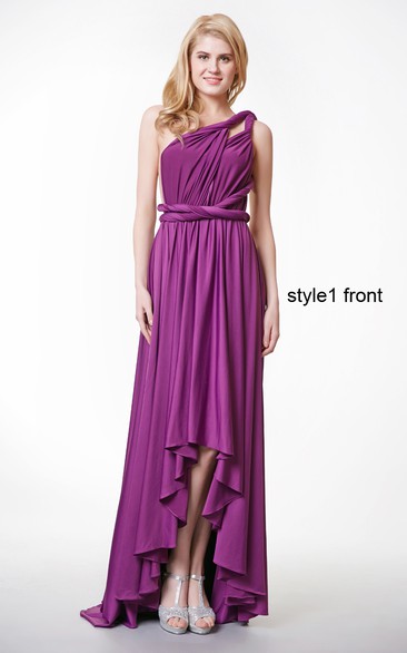 A-Line Pleated Jersey Ruffled Convertible High-Low Gown