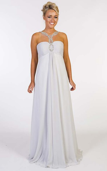 A-Line Beaded Empire Floor-Length Sleeveless Sweetheart Chiffon Prom Dress With Zipper Back And Ruching