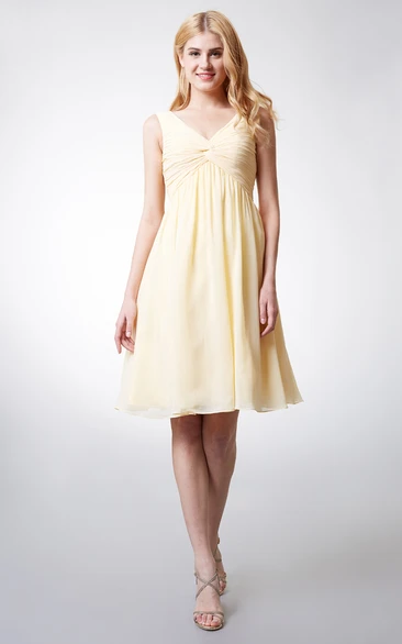 Chiffon Pleated Empire V-Neck Short-Midi Dress