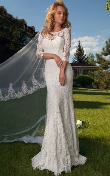 Scoop-neck Lace Half Sleeve Sheath Wedding Dress