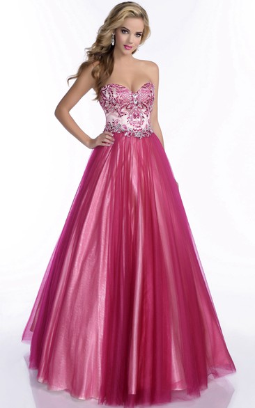 A-Line Pleated Jeweled-Bodice Sweetheart Formal Tulle Dress