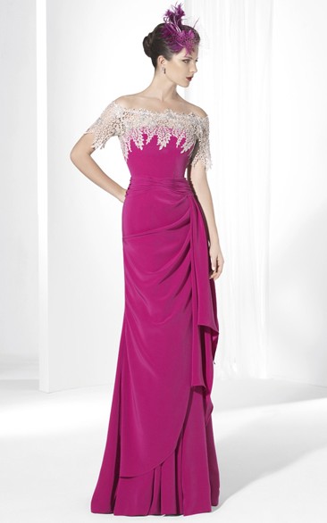 Sheath Off-the-shoulder Short Sleeve Floor-length Jersey Mother Of The Bride Dress with Side Draping and Appliques